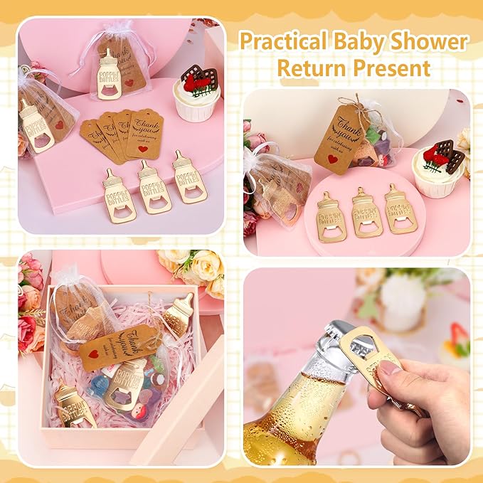 50Pcs Popping Bottle Openers Baby Shower Party Favors For Guests Baby Shower Return Favors Baby Bottle Shaped Bottle Opener Baby Shower Souvenirs With Organza Bags Thank You Cards, small, Gold