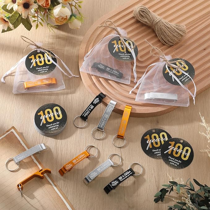Dandat 54 Sets 100th Birthday Party Favors for Guests Birthday Beer Opener Keychain Cheers to 100 Bottle Opener Keychain with Thank You Cards and Gift Bags for Anniversary Wedding Party Favors