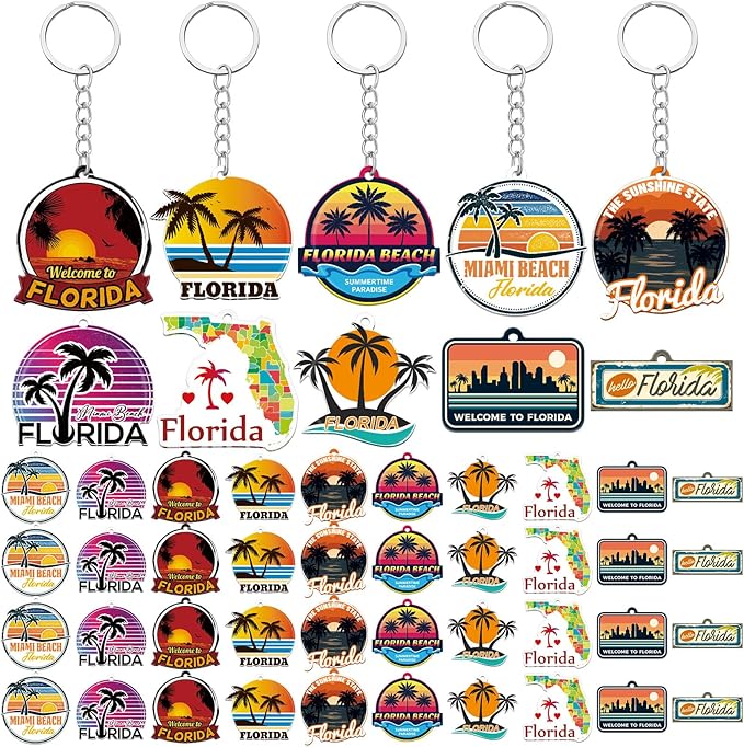 50 Pcs Florida Souvenirs Acrylic Keychain Gifts Bulk United State Keychain Palm Tree Sea Sun Map Travel Souvenirs