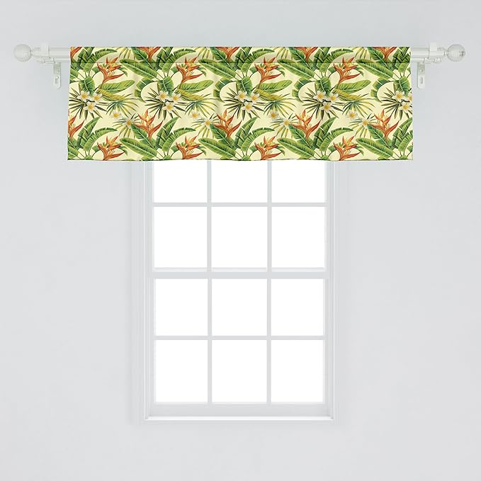 Ambesonne Tropical Window Valance, Exotic Plumeria Flowers and Palm Tree Leaves on Cream Background Hawaiian Flora, Curtain Valance for Kitchen Bedroom Decor with Rod Pocket, 42" x 18", Orange Green