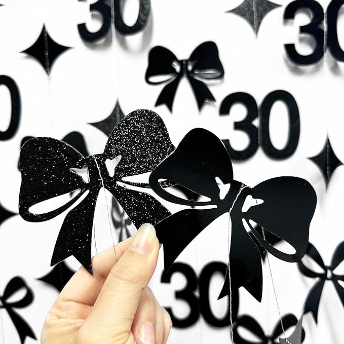 Black 30th Bow Birthday Decorations Glitter Conquette Bow Garland Streamer Banner for Womens Mens Happy 30th Birthday 30 and Fabulous Cheers to 30 Years Old Anniversary Vintage 1995 Party Supplies
