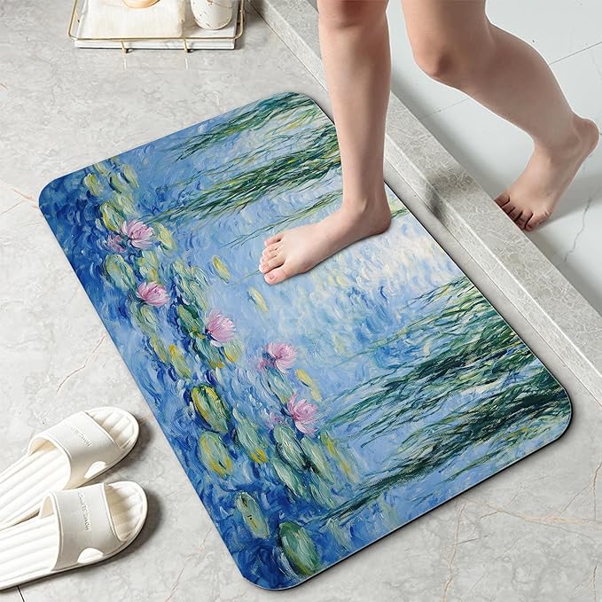 Bathroom Rug 29.5"x17", Claude Monet Water Lilies Bath Mat with Non-Slip Rubber Backing, Quick-Drying Absorbent Thin Floor Mat for Bathroom, Shower, Sink, or Kitchen