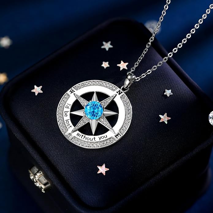 S925 Necklace Birthstone Compass Gift for Women Jewelry Sterling Silver Necklace for Wife Wedding Anniversary Girlfriend Birthday Gifts for Her Valentines Day Mom Mothers Day