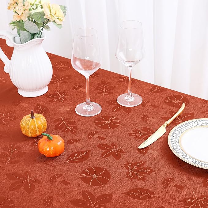 misaya Rectangle Thanksgiving Tablecloth, Waterproof Jacquard Fall Table Cloth, Damask Cloth Table Cover for Harvest Decor (60" x 102", Rust Leaves Pattern)