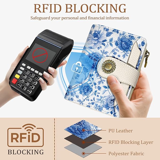 Floral Flowers Small Wallet Women RFID Blocking Bifold, Credit Card Holder, Zipper Coin Pocket, PU Leather, Compact, Travel, 4 ID Window, 14 Card Slots, Cash Purse, Ladies Woman Female Girls