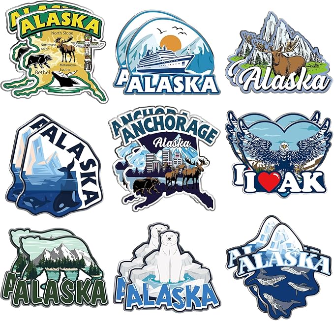 18 Pcs Alaska Cruise Fridge Magnetic Stainless Steel Alaska Cruise Refrigerator Magnetic Stickers Include Polar Bears, Whales, Moose, Glacier Signs Magnet for Carnival Stateroom Cabin Party Decor
