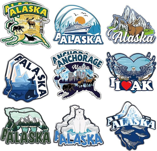 18 Pcs Alaska Cruise Fridge Magnetic Stainless Steel Alaska Cruise Refrigerator Magnetic Stickers Include Polar Bears, Whales, Moose, Glacier Signs Magnet for Carnival Stateroom Cabin Party Decor