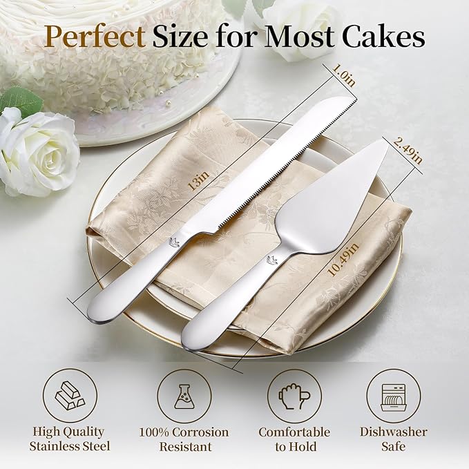 Cake Cutting Set for Wedding - Extended Cake Knife and Server Set Thickened Stainless Steel 13.0" Cake Cutter 10.49" Pie Spatula Great for Birthday Anniversary Christmas Gift 2 Pcs Silver