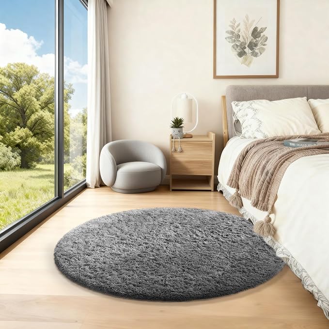 Ophanie Round Rugs 3Ft Grey Circle Area Rug,Christmas Room Decor, Aesthetic Nursery Bedroom Carpet, Fluffy Fuzzy Plush Soft Shaggy Gray Living Room Rugs for Kids Boys Girls Teen Baby Home, Dorm