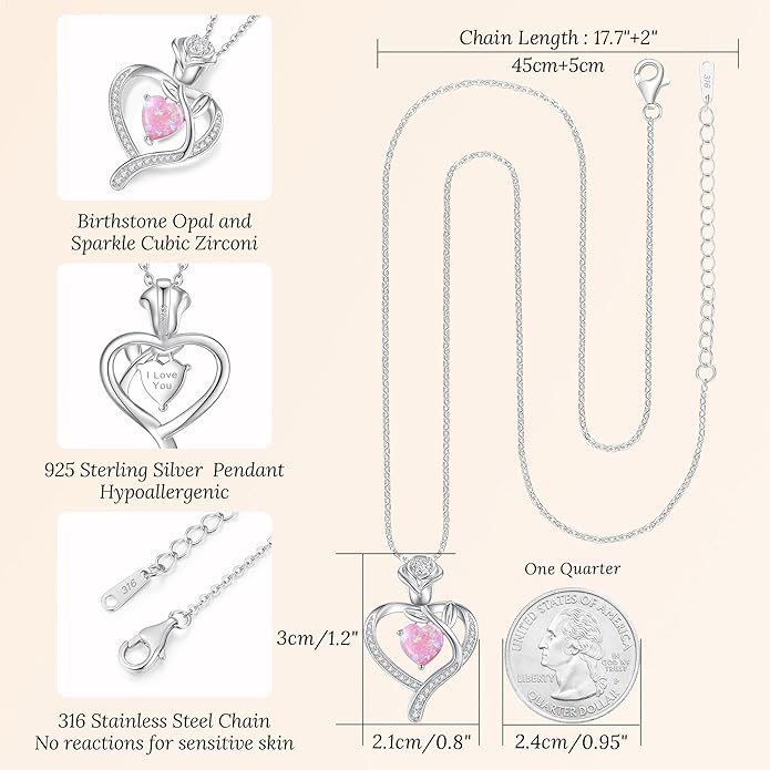 LOUISA SECRET Rose Flower Heart Birthstone Necklaces for Women, 925 Sterling Silver Fine Jewelry, Pendant Heart Necklaces Birthday Anniversary Christmas Gift for Women Wife Mom Girlfriend Lady