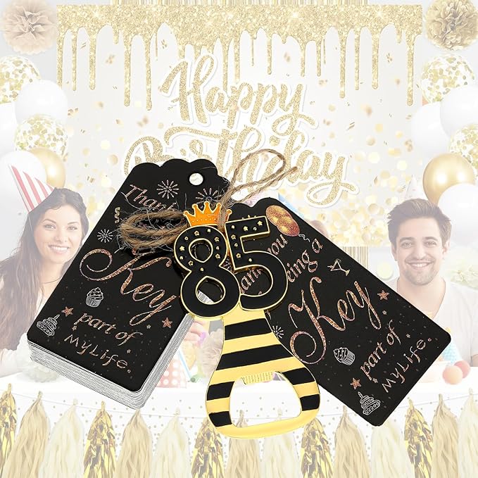 24pcs 85th Gold Keychain Bottle Opener 85th Birthday Party Favors, 85 Keychain Beer Bottle Opener Favors Anniversary Souvenirs Return Gifts for Guests Party Decor Supplies (black 85)