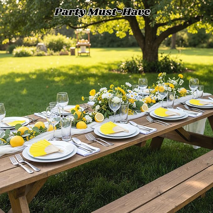 JOHOUSE 12 Pcs Paper Folding Hand Fans, 8.3 Inch Lemon Yellow Paper Fans Handheld Portable Decorative Accessories for Wedding, Lemon Party Decorations, Bridal Shower DIY Crafts