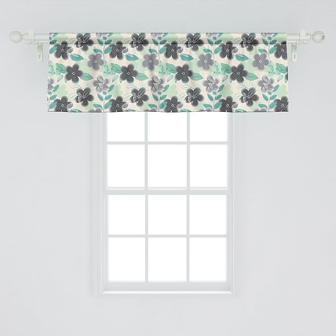 Ambesonne Floral Window Valance, Abstract Nostalgia Pattern with Retro Blooms and Leaves Romantic, Curtain Valance for Kitchen Bedroom Decor with Rod Pocket, 54" X 18", Charcoal Grey Mint Green