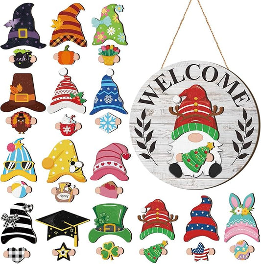 Qunclay Interchangeable Wooden Gnome Decor Holiday Seasonal Gnome Decorations with Magnet Pieces and Detachable Hats Changeable Welcome Sign for Home (Grey and White)