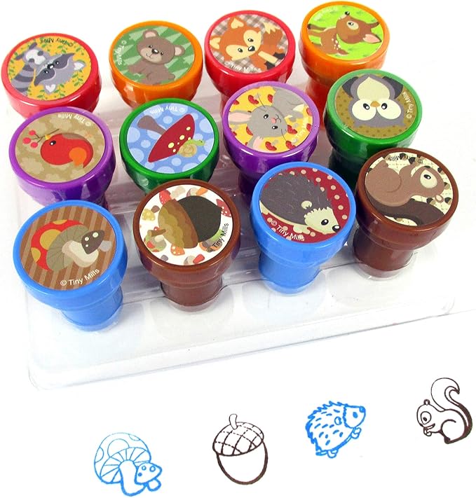 TINYMILLS 12 Pcs Woodland Animals Critters Stamp Kit for Kids Self Inking Stamps Gift Baby Shower Party Favors