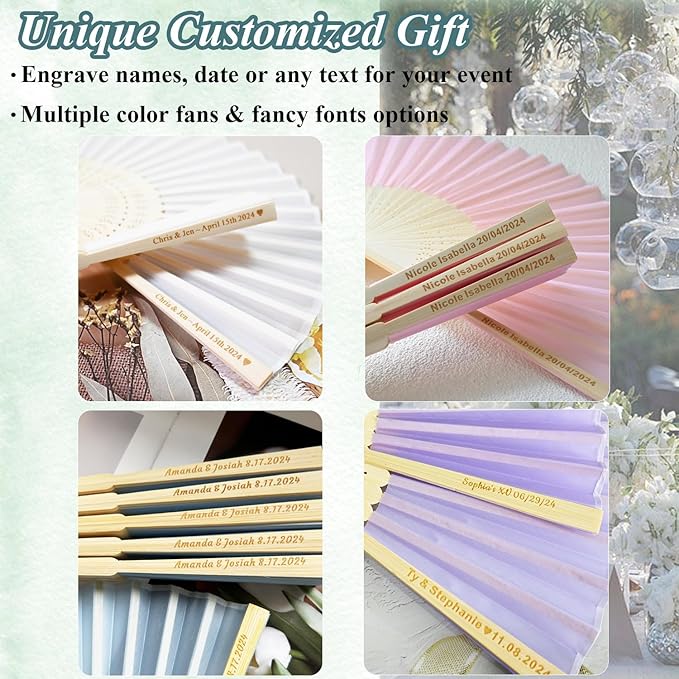 Personalized Engraved 40 Pcs White Silk Fans Folding Hand Fans, Summer Wedding Fans, Custom Silk-Bamboo Fans Wedding Party Favor Bridal Shower Dancing Props Gifts Birthday Party Supplies
