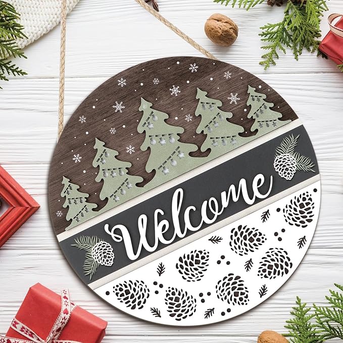 CHDITB Pinecone Welcome Winter Door Sign, Hanging Welcame Sign,Christmas Tree Welcome Door Sign, Christmas Xmas Decor, 3D Winter Wall Decor Hanging Xmas Round Sign for Home Decor