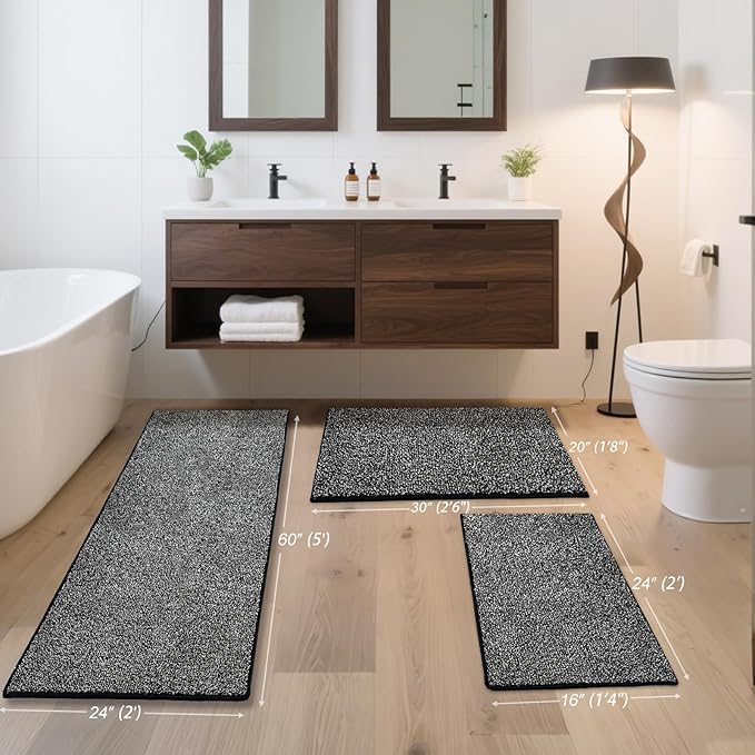 HDFK Bathroom Rugs | Non Slip Washable Bath Mats 24x16 Inches 2 Tone Plush Chenille Medium Pile Floor Mat | Ultra Absorbent Shower Rug | Black and White Stain Hiding for Wet Dry Transition Zone
