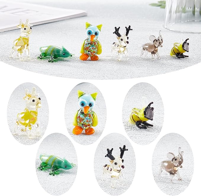 6Pcs Hand Blown Glass Figurines Includes Christmas Reindeer,Birds,Giraffes,Bees,Chameleon,Elephant Glass Figurines for Collectibles, Home Decoration,Gifts