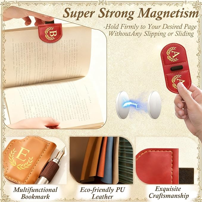 Personalized Leather Magnetic Bookmark with Pen Holder, Custom Bygone Mark Bookmark with Pen Holder, Custom Bookmarks with 26 Letters for Reading Women, Men, Teachers, Book Lovers（Pink，X）