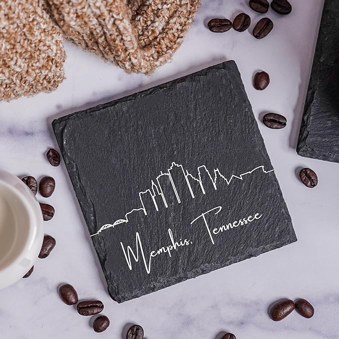 Blue Ridge Mountain Gifts - Memphis TN Skyline Coasters, Set of 4 - Memphis Tennessee Souvenir, Slate Coasters with Minimalist Skyline, Housewarming Gift for Friends, Family, & Neighbors