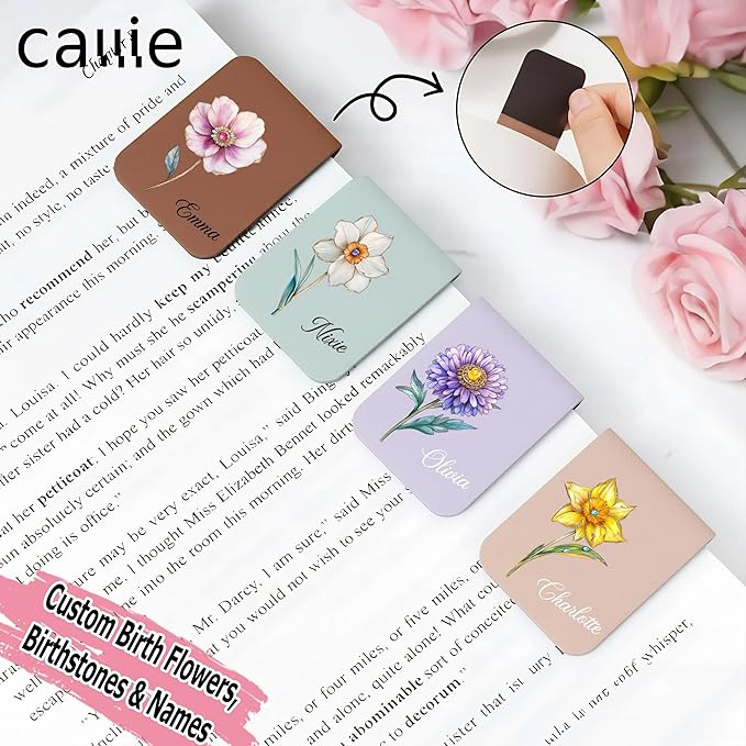 callie Personalized Magnet Bookmark Clips - Custom Retro Birth Flower & Name, Leather Magnetic Book Page Marks, Gifts for Women Men Book Lovers