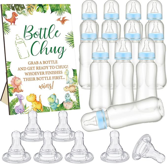 TrelaCo Dinosaur Cool Baby Shower Games Bottle Chug Sign Wooden Green Leaf Gift Sets Gender Reveal Party Supplies and 12 Pcs Baby Bottle Shower Favor for Game Gender Reveal