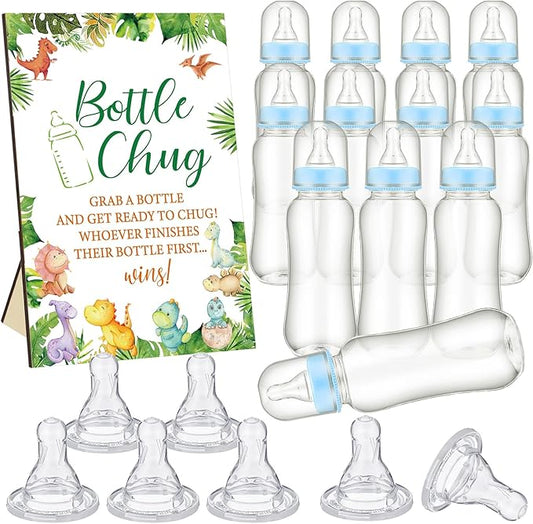 TrelaCo Dinosaur Cool Baby Shower Games Bottle Chug Sign Wooden Green Leaf Gift Sets Gender Reveal Party Supplies and 12 Pcs Baby Bottle Shower Favor for Game Gender Reveal