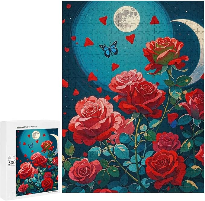 Jigsaw Puzzles for Adults 500 Piece - Butterfly Red Rose Garden Wooden Puzzles, Puzzle Games, Stress Relief Games, Funny Puzzles，Unique Gifts for Wall Art，Family Puzzles