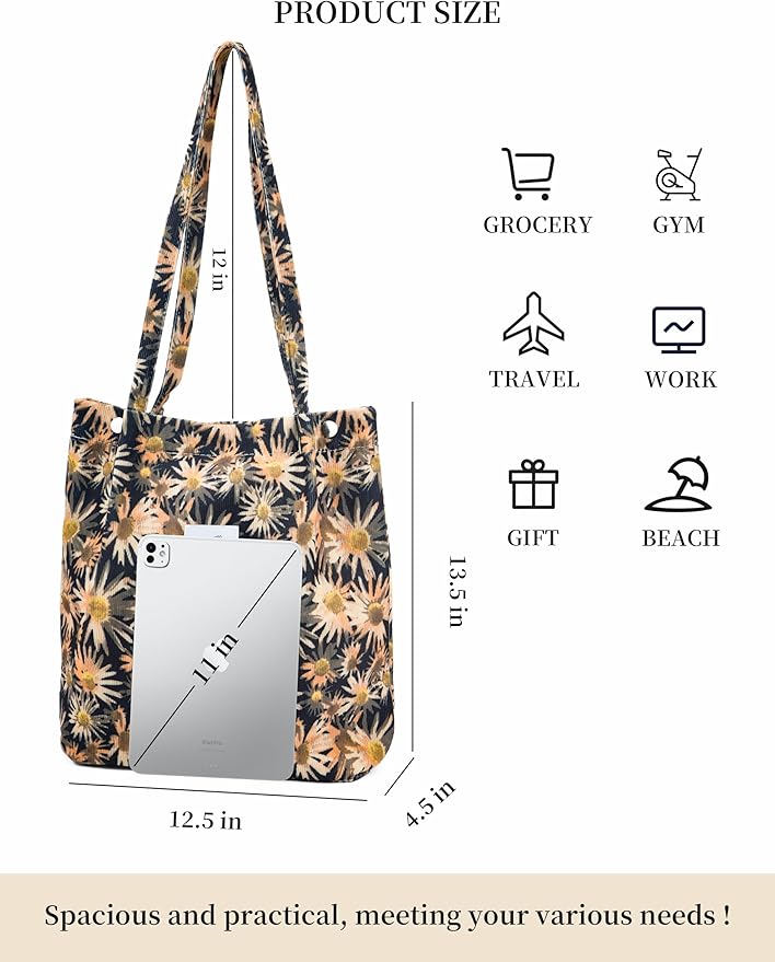 Corduroy Tote Bag Cute Tote Bags for Women Shoulder Bag with Inner Pocket for Work Beach Travel and Shopping Grocery