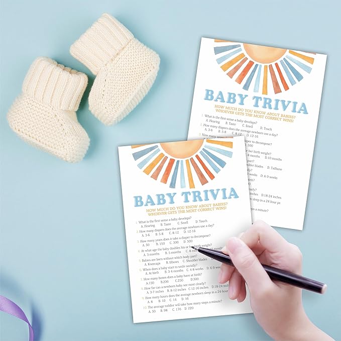Sunshine Baby Trivia Shower Game Kit - Retro Here Comes The Sun - 30 Fill In Game Cards & 1 Answer Card For Baby Shower, Gender Reveal Party Favor, Activity & Supplies - D07