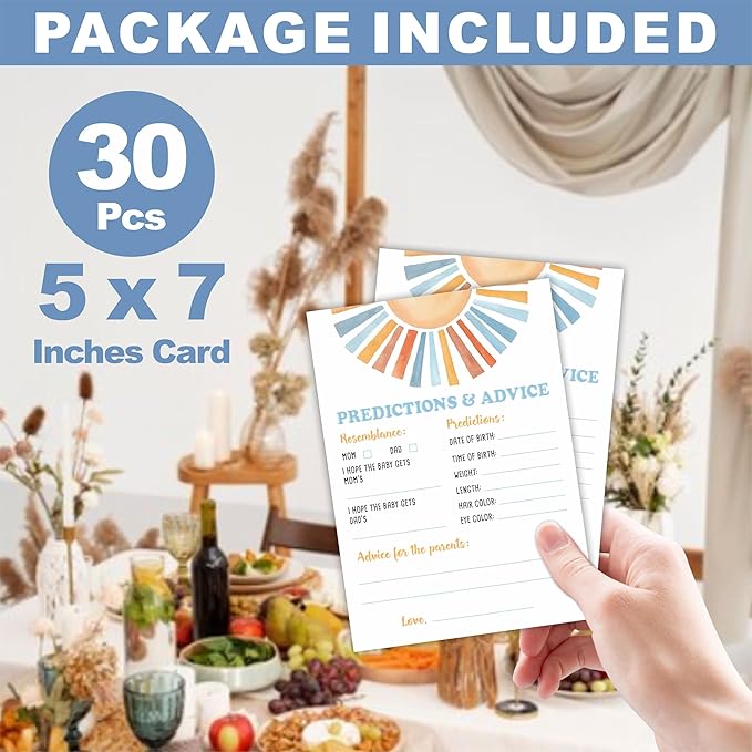 Sunshine Predictions & Advice Baby Shower Game Kit - Retro Here Comes The Sun - 30 Double-Sided Fill In Game Cards For Baby Shower, Gender Reveal Party Favor, Activity & Supplies - D01