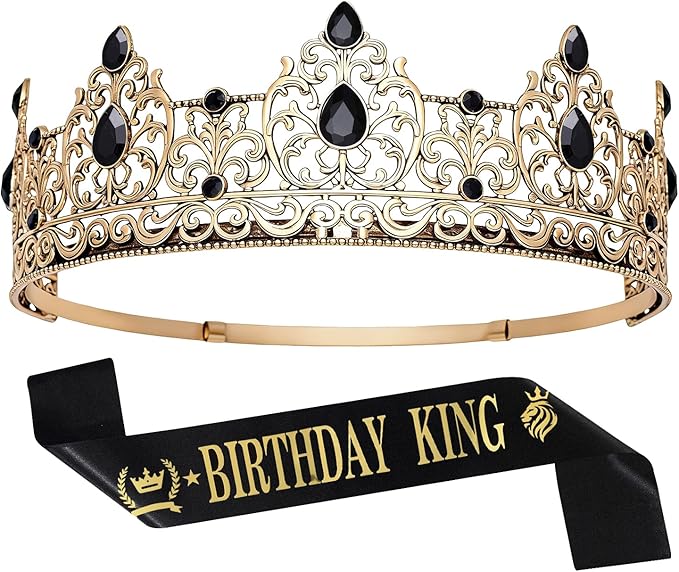 King Crown & Birthday Sash for Birthday Prom Party, Prom Decoration Gifts for Men, Costume Wedding Halloween