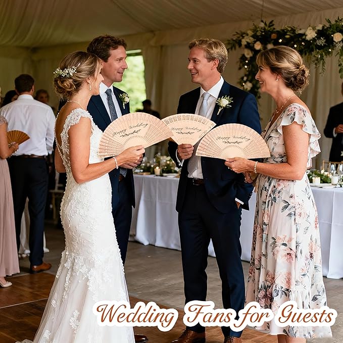 50 Pcs Wedding Fans Engraved Wooden Folding Hand Fans with Organza Bags, Wedding Party Favors for Guests, Bridal Shower & Summer Outdoor Ceremony (Style3,50)