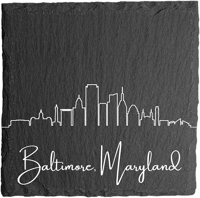 Blue Ridge Mountain Gifts - Baltimore MD Skyline Coasters, Set of 4 - Baltimore Maryland Souvenir, Slate Coasters with Minimalist Skyline, Housewarming Gift for Friends, Family, & Neighbors