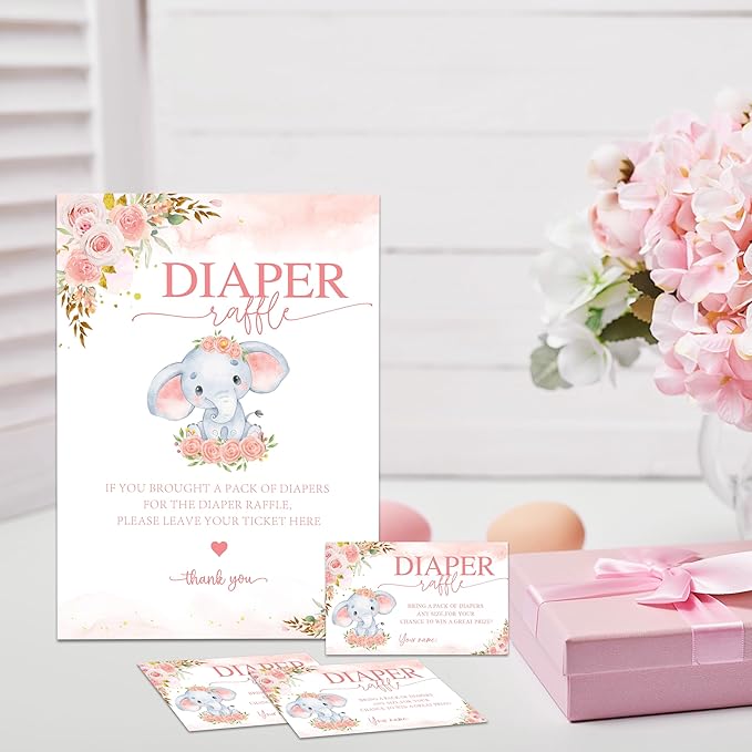 Floral Baby Shower Diaper Raffle Game Set - Pink Elephant 1 Standing Sign & 50 Diaper Raffel Tickets - Baby Announcement, Gender Reveal Party Activities & Decorations For Girls - A09