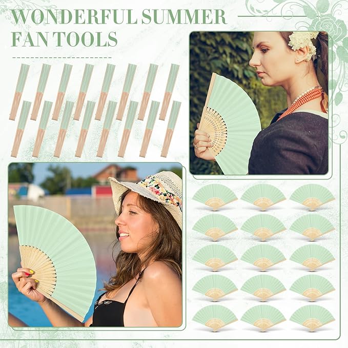 Yinkin 24 Pack Folding Fans Bamboo Handheld Folded Craft Hand Japanese Chinese Fans for Weddings Bridal Dancing Church DIY Decoration Women Gift Party Favors (Light Green)