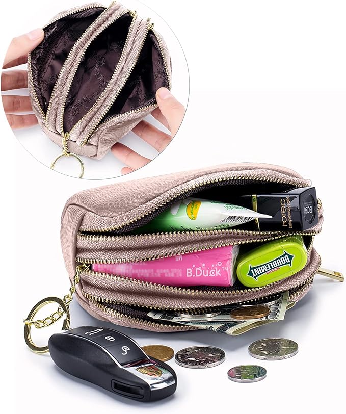 LINNO 3 Zippered Genuine Leather Coin Purse Triple Capacity Change Pouch Little Travel Wallet With Key Ring for Women