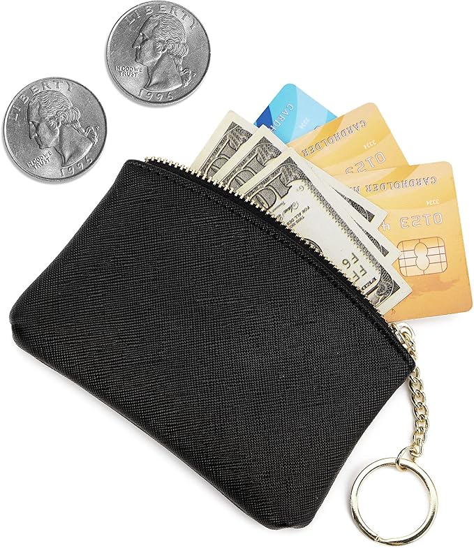 WOZEAH Artificial Leather Coin Purse Change Purse With Key Chain Ring Zipper For Men Women (Black)