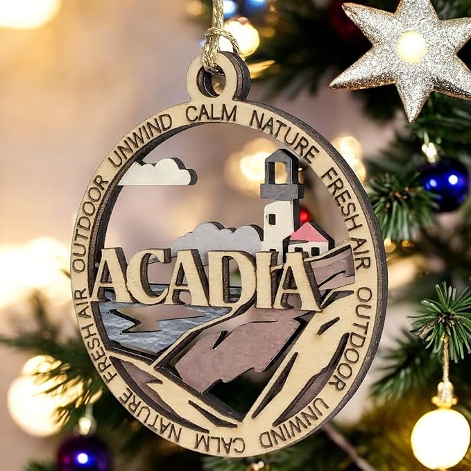 Acadia National Park Lighthouse - 3" Round Wood Christmas Ornament, Handmade in USA, 2-Layer Laser Cut with Color Artwork