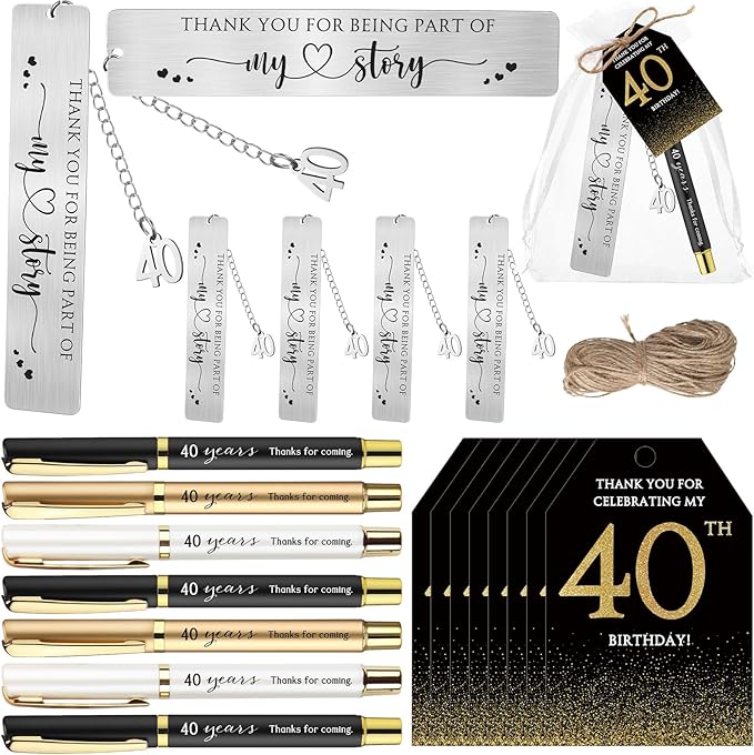 25 Sets Birthday Favors for Guests 25 Thanks for Coming Ballpoint Pens 25 Bookmarks 25 Cards with Organza Bag for Adult Birthday Anniversary Party Souvenir(Metal-40th)
