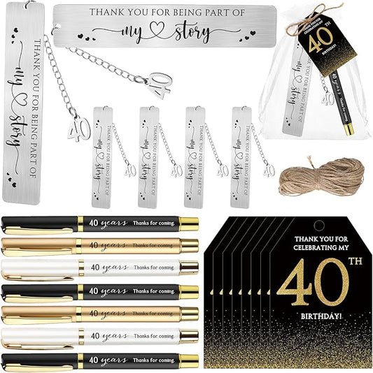 25 Sets Birthday Favors for Guests 25 Thanks for Coming Ballpoint Pens 25 Bookmarks 25 Cards with Organza Bag for Adult Birthday Anniversary Party Souvenir(Metal-40th)