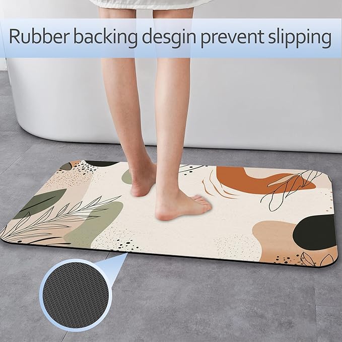 Abstract Boho Lines Leaf Fast Drying Absorbent Bathroom Mat, Non-Slip Rubber Backing Thin Low-Profile Bath Rug, Easy-Clean Bathroom Floor Mat for Shower, Bathtub, Kitchen, or Entryway