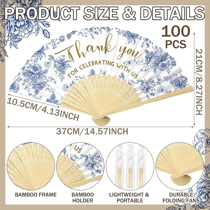 50 Pcs Wedding Foldable Hand Fans Wedding Party Favor with Bag Something Blue Before I Do Handheld Fans Thank You for Celebrating with Us for Bridal Shower Bridesmaid Gift(Blue White Flowers)