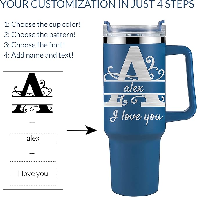 Personalized Tumbler With Handle-Custom 40oz Travel Cup With Lid And Straw-Laser Engraved With Name,Logo,Text,Image-Personalized Gifts For Mom,Dad,Birthday