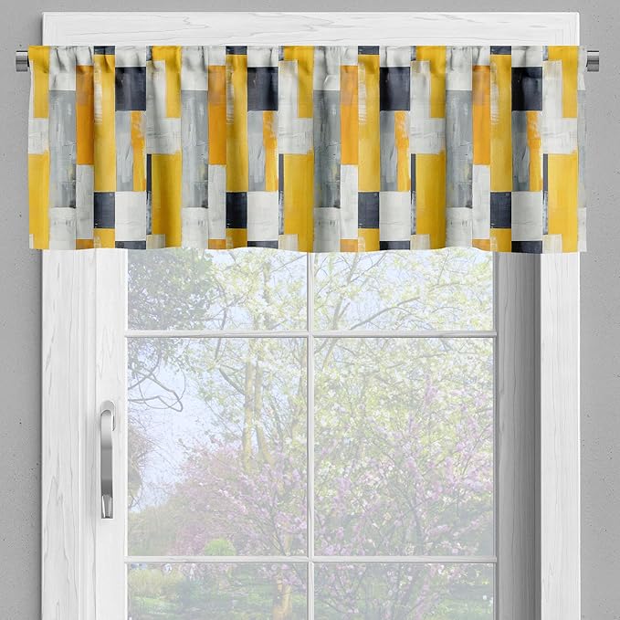 Ambesonne Retro Valance & Tier Curtain 3 pcs Set, Contemporary Abstract Geometric Tricolor Shapes Marker Art Paint Print, Window Treatments for Kitchen Room Decor, 55" x 36", Amber White Charcoal Grey