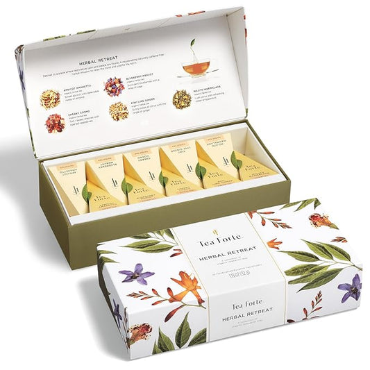 Tea Forte Premium Petite Presentation Box Gift Set Sampler, 10 Count, 2 of Each Blend Individually Wrapped Handcrafted Pyramid Infuser Bags, Herbal Retreat Tea