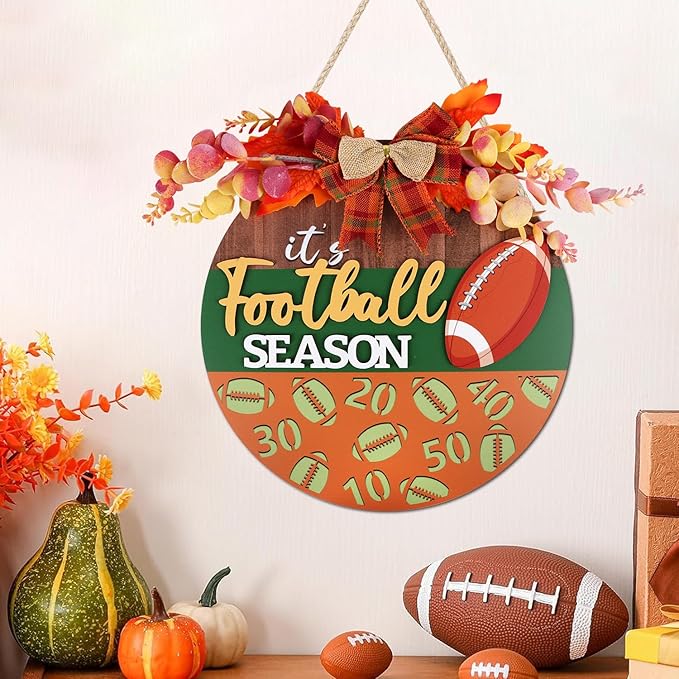 CHDITB Fall Football Sign for Front Door Porch, Rugby Football Season Round Wooden Sign, Fall Football Wreath Wooden Hanging Plaque, Farmhouse Maple Leaves Decor for Holiday Party Decoration