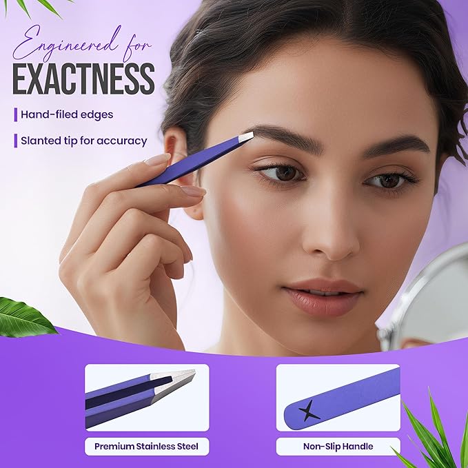 Slanted Stainless Steel Tweezers for Men & Women - Precision Eyebrow Tweezers for Facial Hairs, Strong Grip, Fine Tip, Professional Tweezer for Plucking & Grooming (Purple)