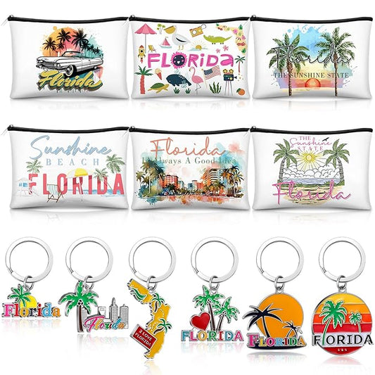 Landical 6 Sets Florida Souvenir Gifts Include 6 Pcs Florida Cosmetic Bag and 6 Pcs Metal Keychain for Women Traveler Christmas Party Gifts